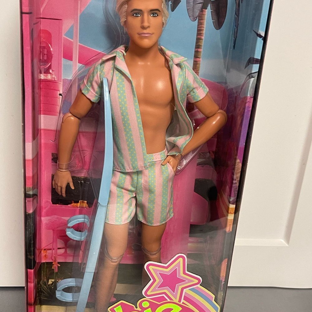 Authentic Barbie The Movie Ken Doll in Pastel Striped Beach Set/Surf Board -NIP